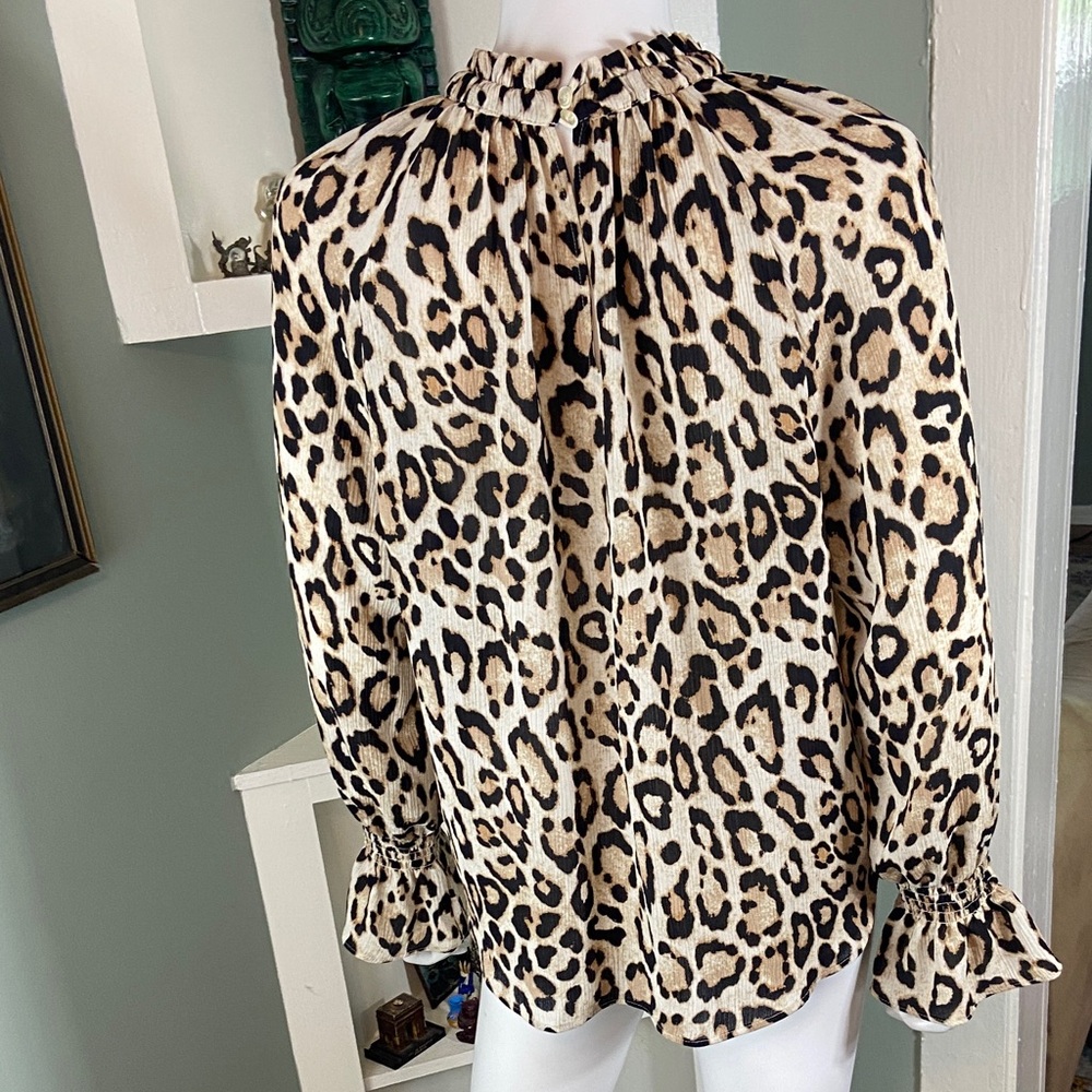 LOFT Leopard Cheetah Print Ruffle Bell Cuff Sleeve Blouse Top Shirt Small S - Picture 5 of 11